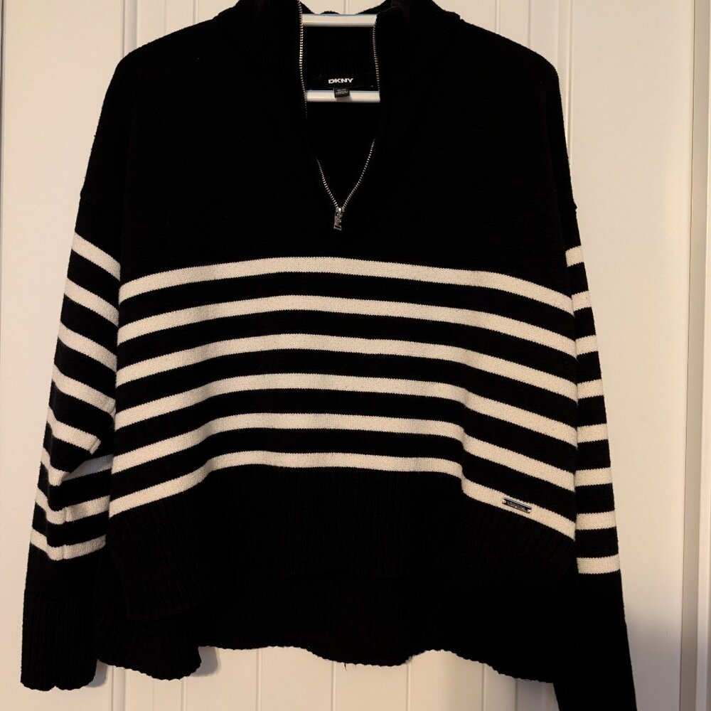 DKNY Black and White Striped Cropped High/Low Zip Sweater - Size XXL